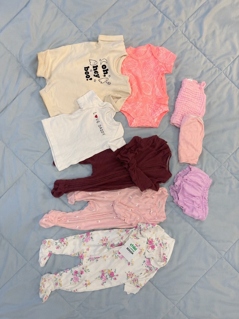 Baby Girl Clothing Lot 0-3 Months Mixed Brands Onesies Sleepers Burp Cloths 9 Pc